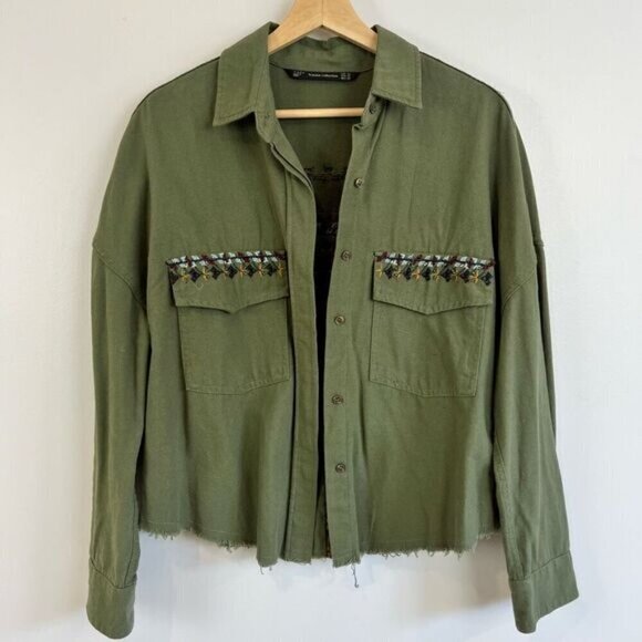 Zara Trafulac Collection Women’s XS Army Green Embroidered Button Down Shirt Top - Picture 12 of 13